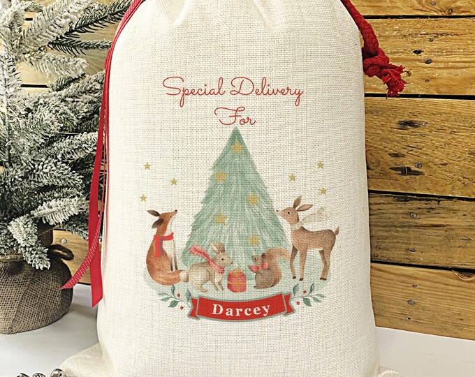 Personalised Christmas Sack, Personalised Christmas Toy Sack,Christmas Eve Bag, Santa Sack, Christmas Decoration, Woodland Animals theme