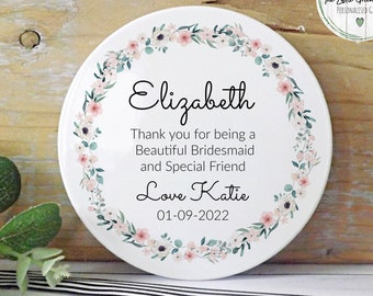 Personalised Bridesmaid Ceramic Coaster: Pink Floral Wreath Gift