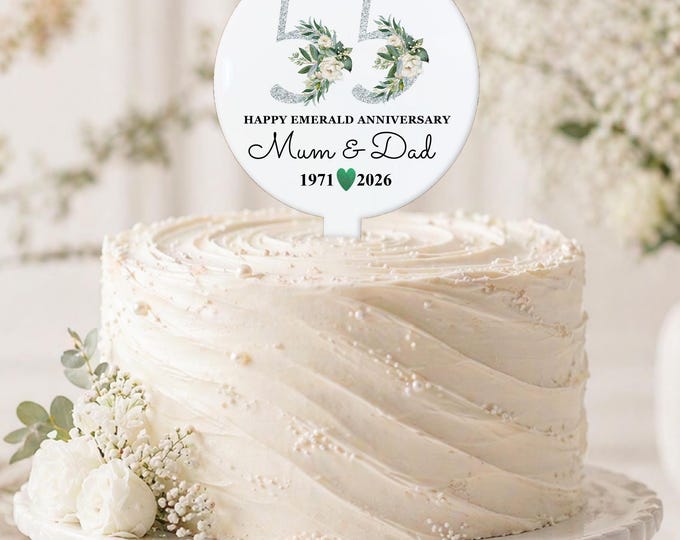 Personalised 55th Emerald Anniversary Cake Topper, White Acrylic Wedding Decor