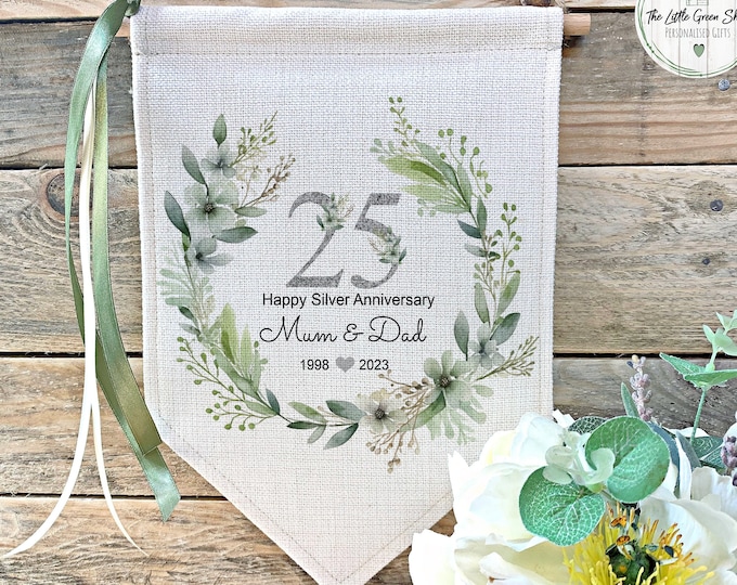 Silver Wedding Anniversary Gift, Flag, 25th Anniversary Sign, Anniversary Party Prop, Anniversary Sign, Parents Gift
