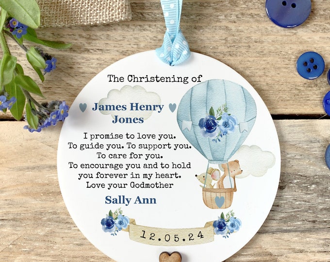 Personalised Christening Gift for Boy, Godmother Promise Keepsake, Hot Air Balloon Baptism Ornament for Godson, Grandson Naming Day Gift