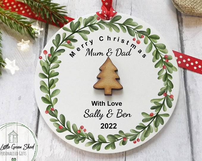 Personalised Mum And Dad Christmas Tree Decoration, WITH HESSIAN GIFTBAG