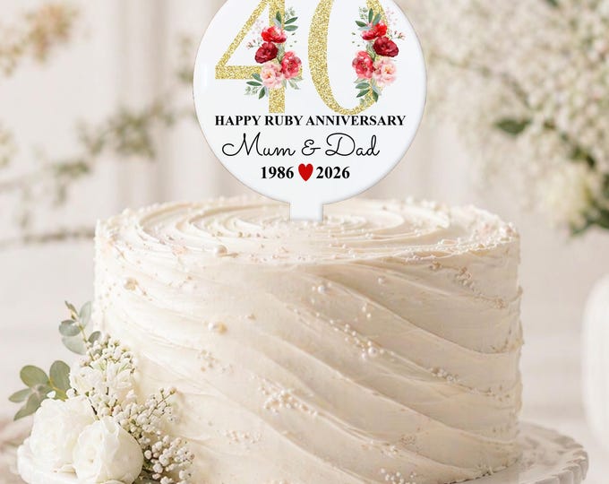 Personalised Ruby Anniversary Cake Topper, Red Floral Number 40 Acrylic Decor