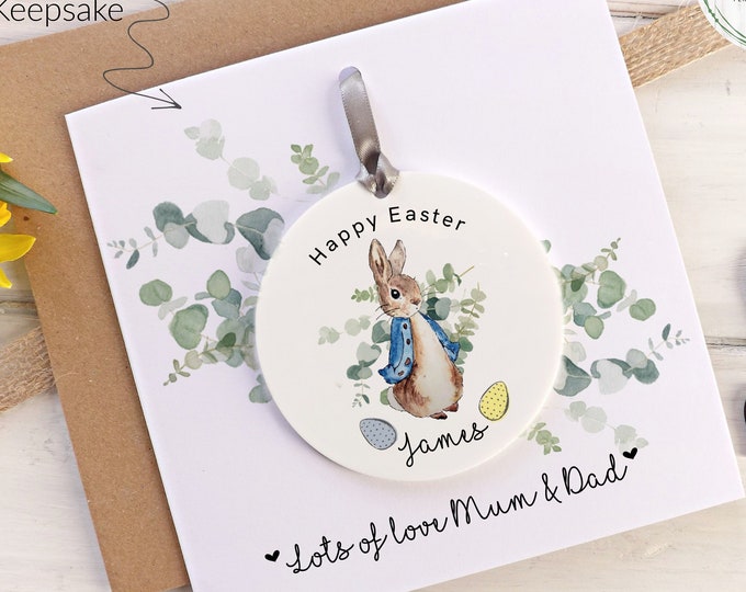 Personalised Easter Card With Detachable Keepsake, Peter Rabbit Easter gift, Son, Grandson Any Relation Acrylic Decoration