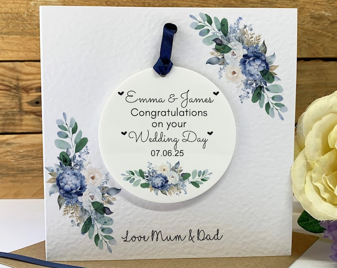 Personalised Wedding Day Gift, Wedding Keepsake Card, Mr And Mrs Gift, Acrylic Keepsake, Blue Flowers