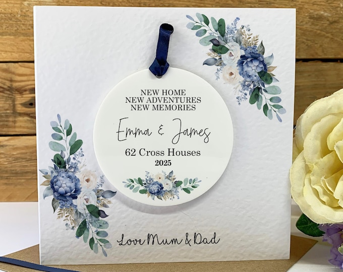 Personalised New Home Card Blue Floral Home decor, Housewarming Card, Moving Home Keepsake Card, Personalised Home Gift, First Homeowner