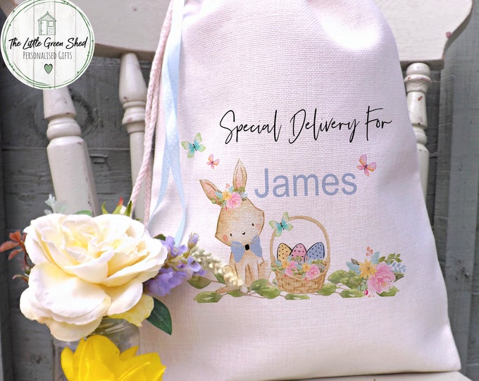 Personalised Easter Linen Bag: Bunny Egg Hunt Sack, Luxury Drawstring Gift