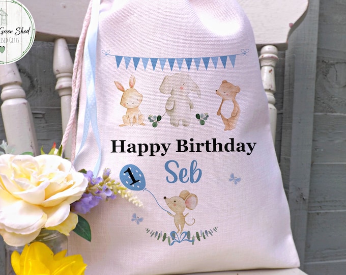 Personalised Grandson 1st Birthday Gift Bag, Small toy Book Bag, Son Nephew Gift, First Birthday Bag, Linen Style Drawstring Bag (30x40cm)