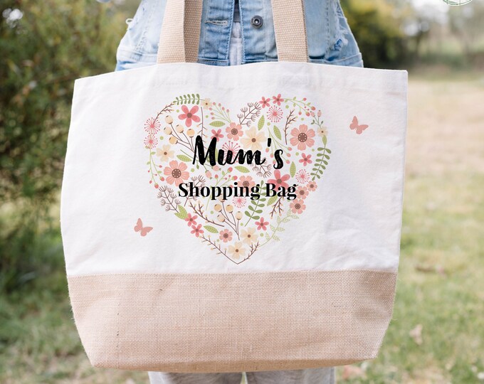 Tote Bag, Personalised Mum Bag, Mum's Shopping Bag Gift, Jute Tote Bag, Gift for Her, Wild Flowers bag