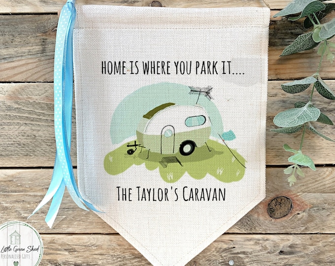 Caravan Gifts, Caravan Accessories, Retro Caravan Flag, Travel Inspired Gift, Personalised Caravan Wall Art, Caravan Sign