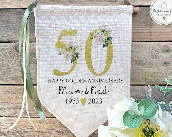 Golden Wedding Anniversary Gift, Flag, 50th Anniversary Sign, Anniversary Party Prop, Parents Gift