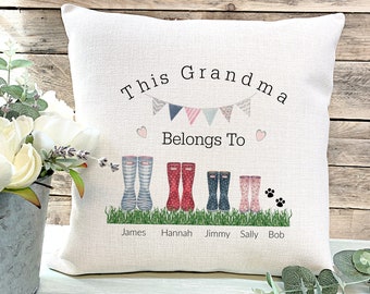 Personalised Grandma Pillow: Floral Linen Grandchildren Gift