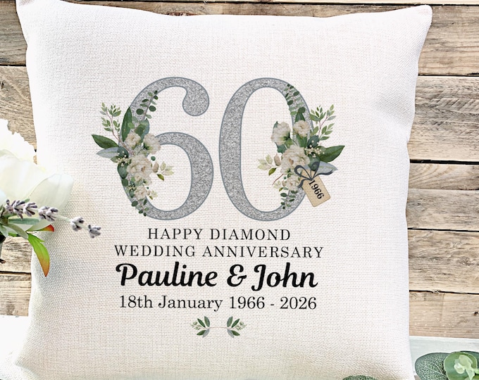 Personalised Diamond 60th Anniversary Gift | 60 Years Married Cushion | Grandparents Anniversary Keepsake