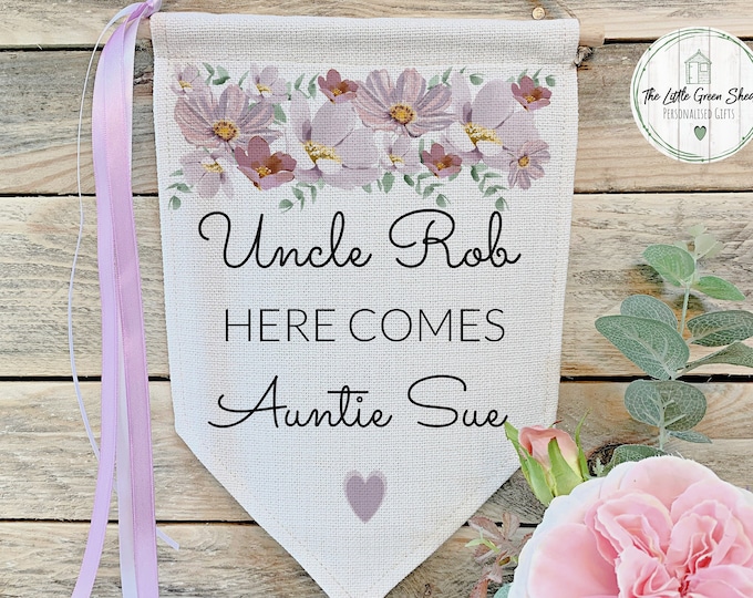 Wedding Flag, Personalised Wedding Sign, Uncle Here Comes Auntie,  Lilac and Purple