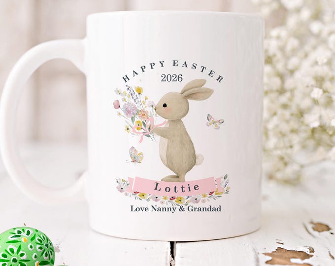 Personalised Easter Mug Childrens Bunny Easter Mug Girl's Easter Decoration Easter Gift From Grandparents Daughter Granddaughter Niece Mug
