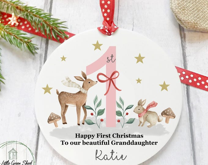 Personalised Baby's First Christmas Ornament: Woodland Animal Keepsake Free Giftbag