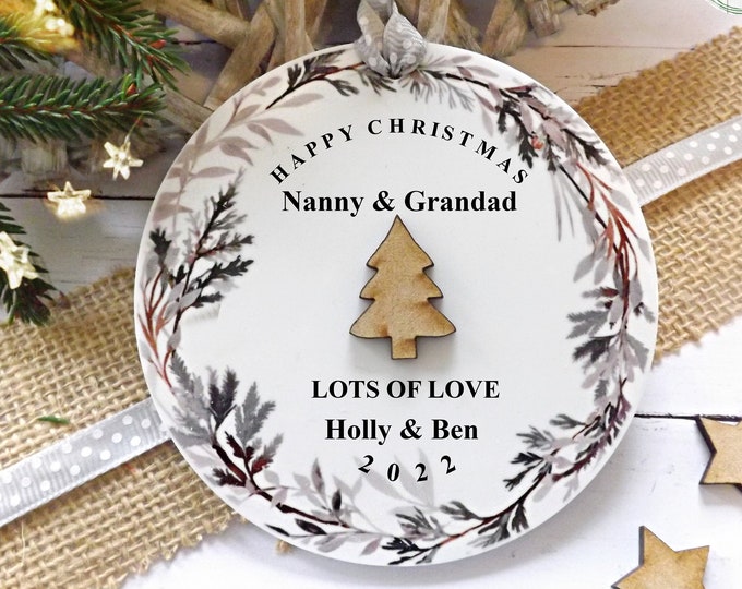 Personalised Nanny And Grandad Christmas Tree Decoration, Christmas Bauble, WITH GIFT BAG