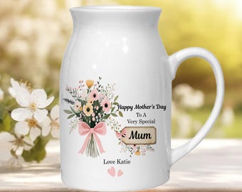 Personalised Mother's Day Gift, Small Jug, Vase Gift For Mum, Nana Gran, Floral Bouquet Design, Small Ceramic Flower Jug,
