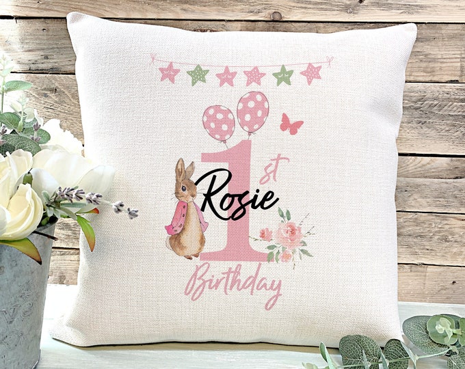 Personalised Peter Rabbit Cushion, 1st Birthday Gift, New Baby Cushion, Nursery Cushion, Daughter gift, Granddaughter Cushion