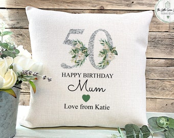 50th Birthday Pillow: Personalised Floral Linen Cushion