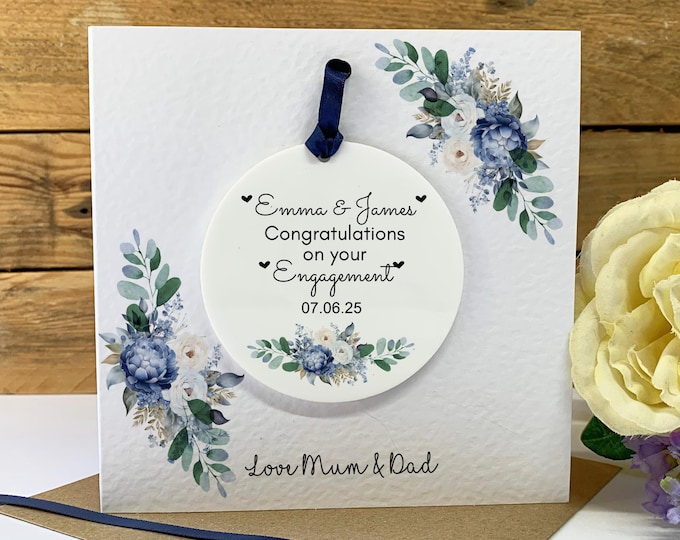 Personalised Engagement Gift For Son Daughter Couples Con gratulations On Your Engagement  Keepsake Card Acrylic Keepsake Blue Flowers Gift