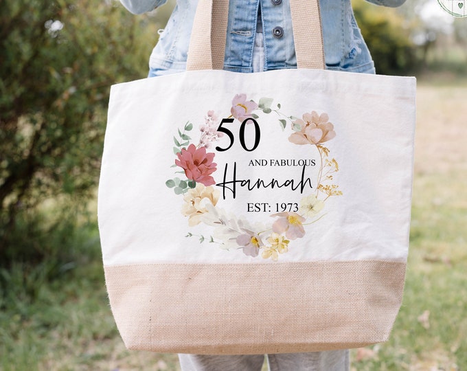 Personalised 50And Fabulous, Mum, Nan, Sister Bag,Tote bag, Canvas bag, Birthday Bag, Any Age Tote Bag, Eco Jute Tote bag