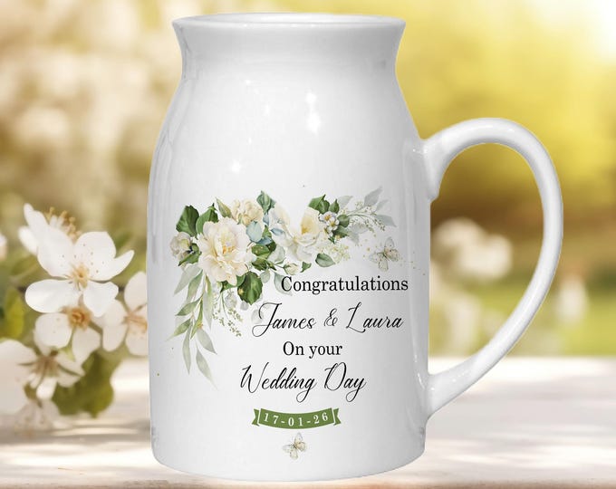 Personalised Wedding Gift, Mr & Mrs Jug Vase, New Couple Gift, Married Keepsake, Custom Ceramic Flower Jug