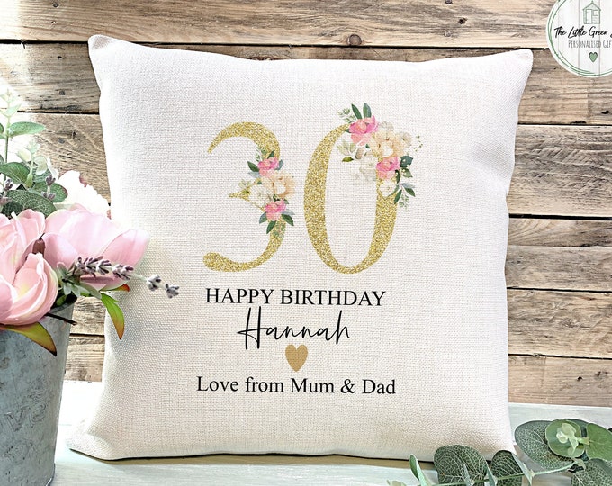 Birthday Gift, Birthday Cushion, Personalised 30th Birthday Cushion, Gift for her, Floral Linen pillow, Milestone Birthday Gift