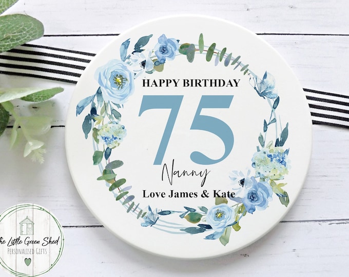 75th Birthday Gift Women, Personalised Nanny Ceramic Coaster,  Any Age 18th 21st 50th 60th 70th, Birthday Gift, Gift for her, Friend Gift,