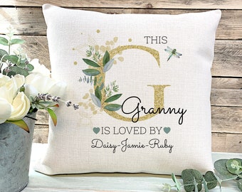 Personalised Linen Granny Pillow: Floral Gold Effect Lettering Cushion