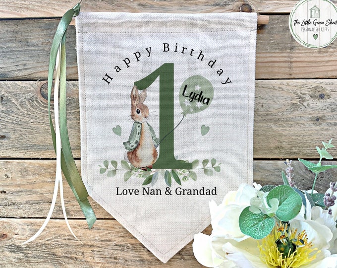 Children's Birthday flag, 1st birthday sign, Birthday party prop, Baby's 1st birthday gift, Peter rabbit flag, Nursery sign