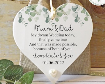Mum And Dad Of The Bride Wedding Gift Personalised Keepsake, Eucalyptus Design Hanging Decoration 12x12cm