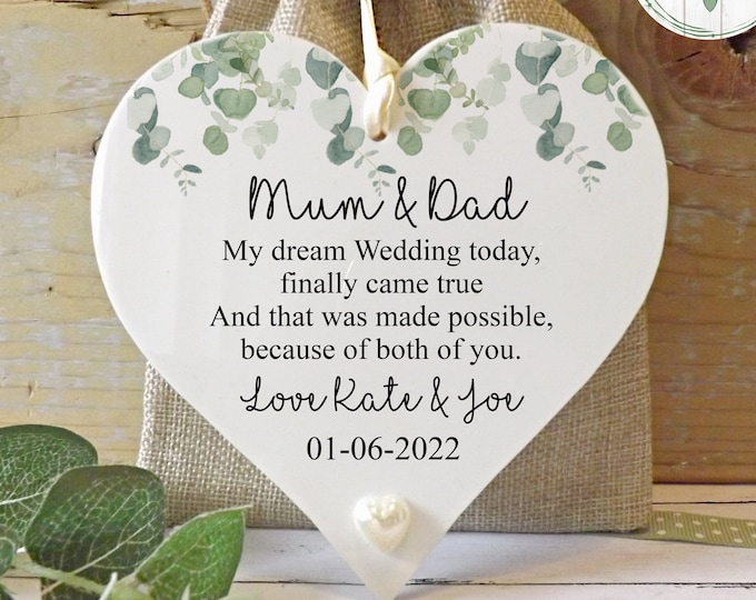 Mum And Dad Of The Bride Wedding Gift Personalised Keepsake, Eucalyptus Design Hanging Decoration 12x12cm