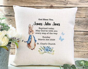 Personalised Christening Gift , Christening Cushion, Goddaughter, Godson, Godchild Gift, Peter Rabbit Gift, Baptised Gift, Godparents Gift