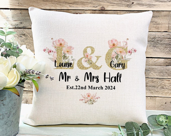 Wedding Gift, Wedding Cushion, Mr and Mrs Wedding Gift, Anniversary Gift, Wedding Keepsake, Newlywed Gift, Watercolor Blush Wild Flowers