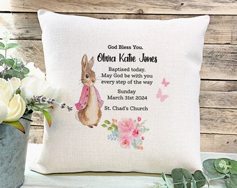 Personalised Christening Gift , Christening Cushion, Goddaughter, Godson, Godchild Gift, Peter Rabbit Gift, Baptised Gift, Godparents Gift