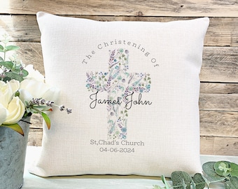 Personalised Floral Cross Christening Cushion Cover, Baptism Gift For Godchild