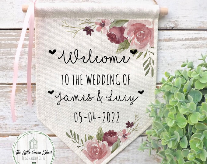 Wedding Flag, Personalised Wedding Sign, Welcome To the Wedding of, Pink & Purple Floral Flag