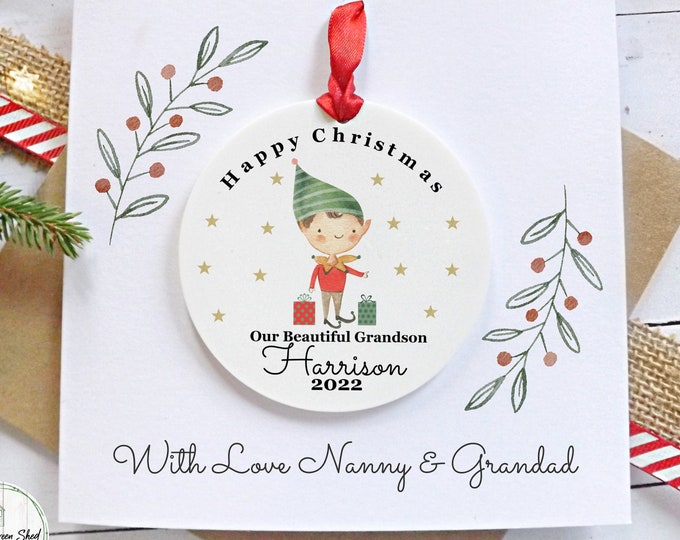 Baby's First Christmas Card, Grandson Keepsake Christmas Bauble, Grandchild Christmas Tree Decoration, Personalised Baby's 1st Christmas