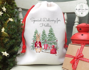 Personalised Peter Rabbit Christmas Sack, Christmas Eve Bag, Peter Rabbit Christmas Toy Bag, Christmas Decorations 20x39cm