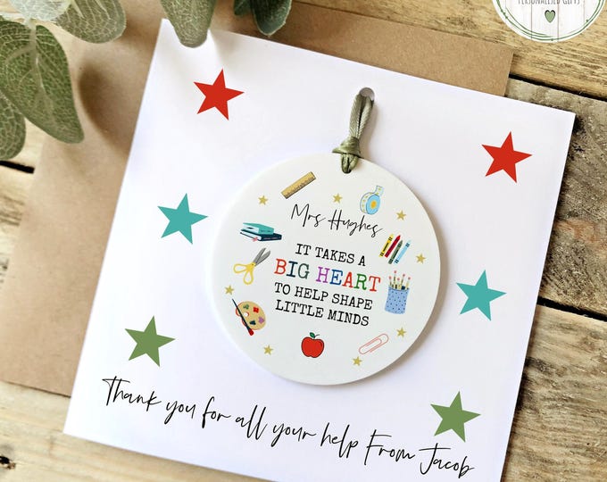 Personalised Teacher Thank You Card | Detachable Acrylic Heart Keepsake Gift |  "Big Heart Shape Little Minds" | Teacher Appreciation Gift