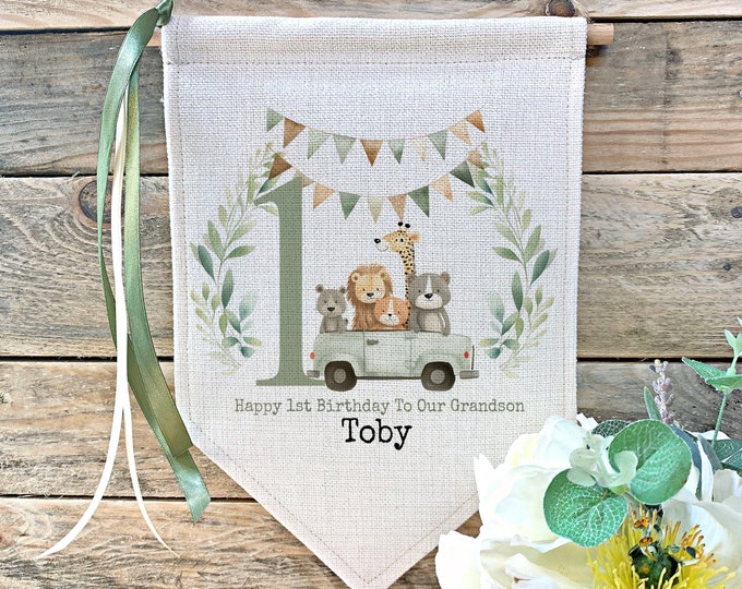 Personalised 1st Birthday Sign - First Birthday Flag - Birthday Party Decor - Boy Gift - Girl Gift - Safari Theme Decor