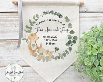 Personalised New Baby Sign, Linen Flag, Welcome To The World Keepsake