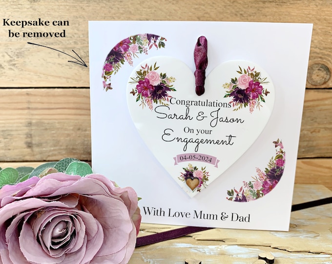 Personalised Engagement Gift, Engagement Keepsake Card, Couples Card, Acrylic Keepsake. Mixed Purple flowers