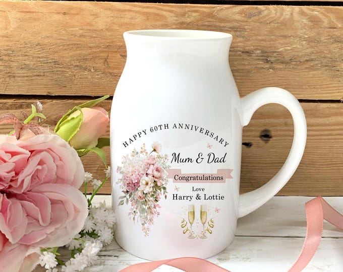 Diamond Wedding Anniversary Ceramic Vase, Grandparents 60th Anniversary, Dusty pink  Anniversary Gift, 60 Years married, Diamond Anniversary