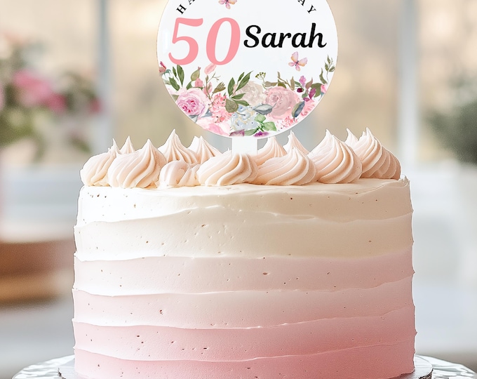Personalised 50th Cake Topper, Acrylic Pink Floral Birthday Decor, Custom Name and Any Age Flower Sign, Milestone Decoration for Her