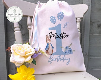 Personalised Peter Rabbit 1st Birthday Linen Gift Bag