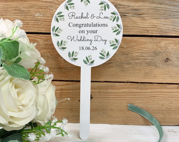 Personalised Sage Green Floral Wedding Cake Topper – Custom Name Date Botanical Decor