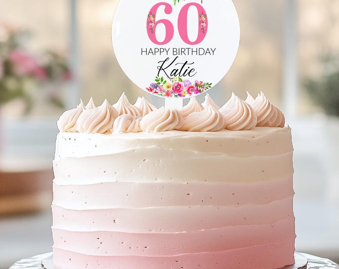 Personalised 60th Cake Topper, Acrylic Bright Floral Birthday Decor, Custom Name and Any Age Flower Sign, Milestone Decoration for Her