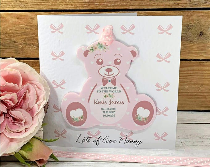 Personalised New Baby Girl Card with Detachable Pink Acrylic Bear Keepsake Ornament